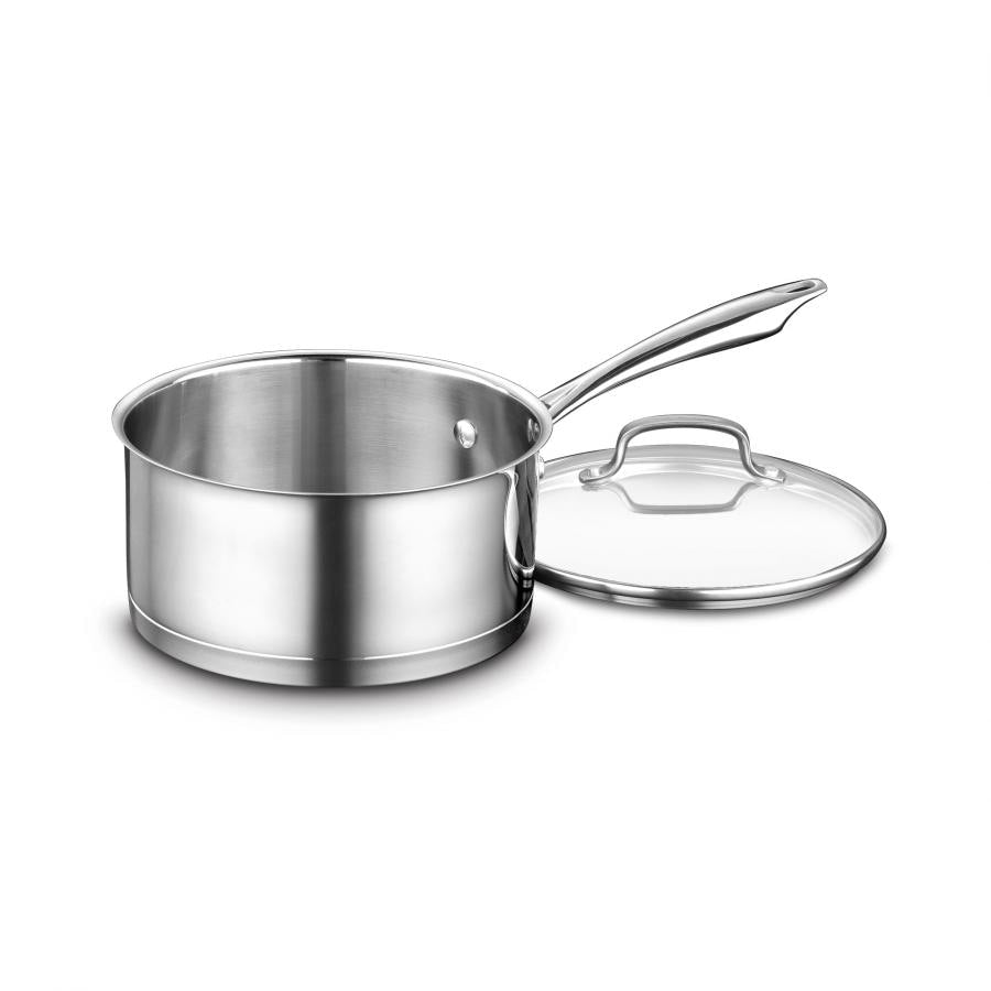 Three-quarter view of Professional Series 3 Quart stainless steel saucepan with glass lid and handle on white background