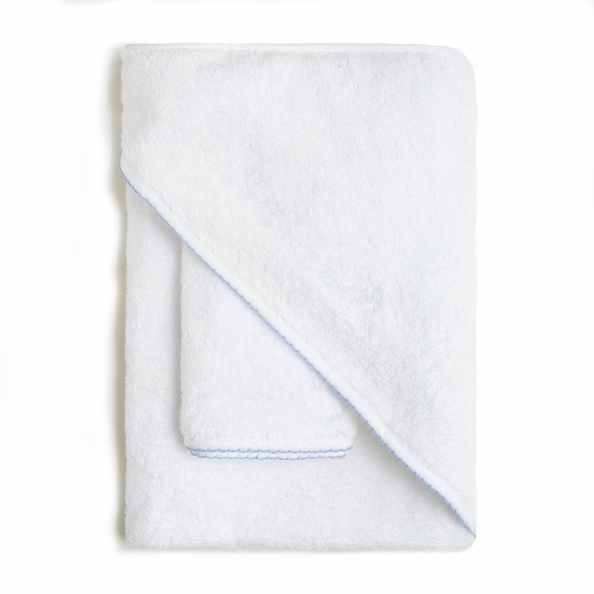 Baby Hooded Towel with Blue Trim detail. Towel is folded with washcloth.
