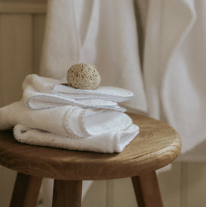 Classic Washcloths folded on top of wood stool 