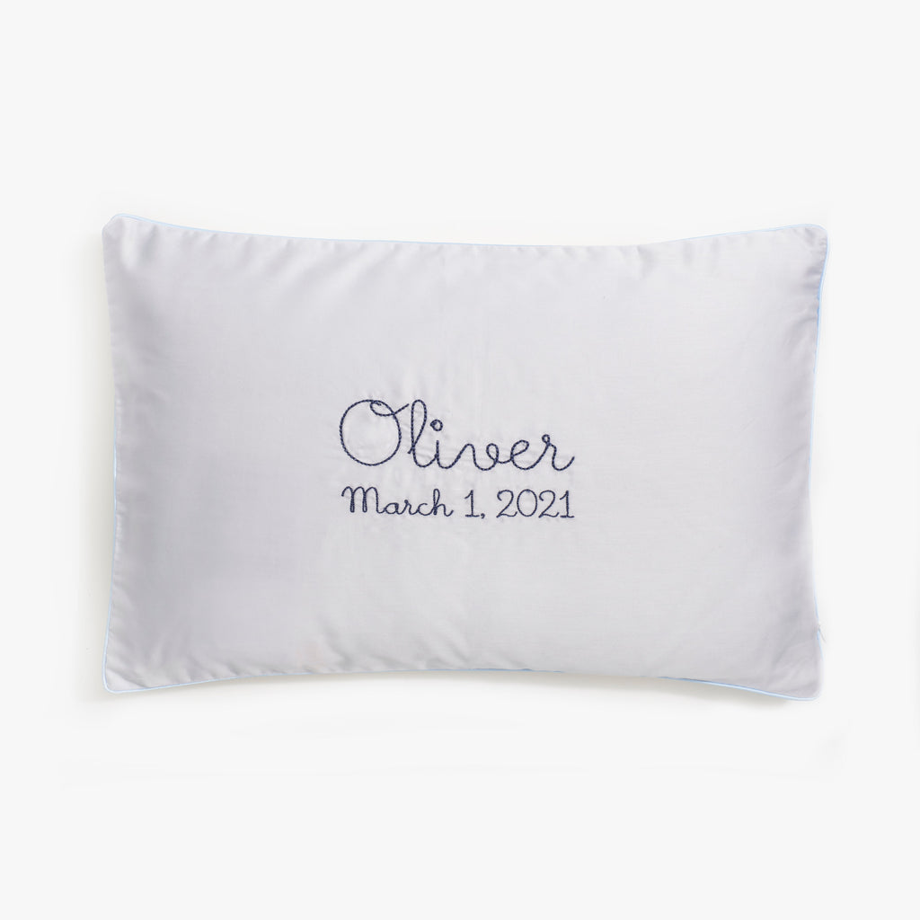 monogram "Oliver March 1, 2021" on "Touch The Sky" Toddler Pillow in color blue