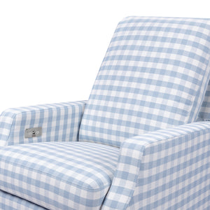 Crewe Electronic Recliner and Swivel Glider in Blue Gingham with Light Wood Base
