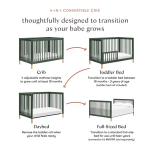 Gelato 4-in-1 Convertible Crib with Toddler Bed Conversion Kit in Forest Green with Vegan Blonde Leather Feet