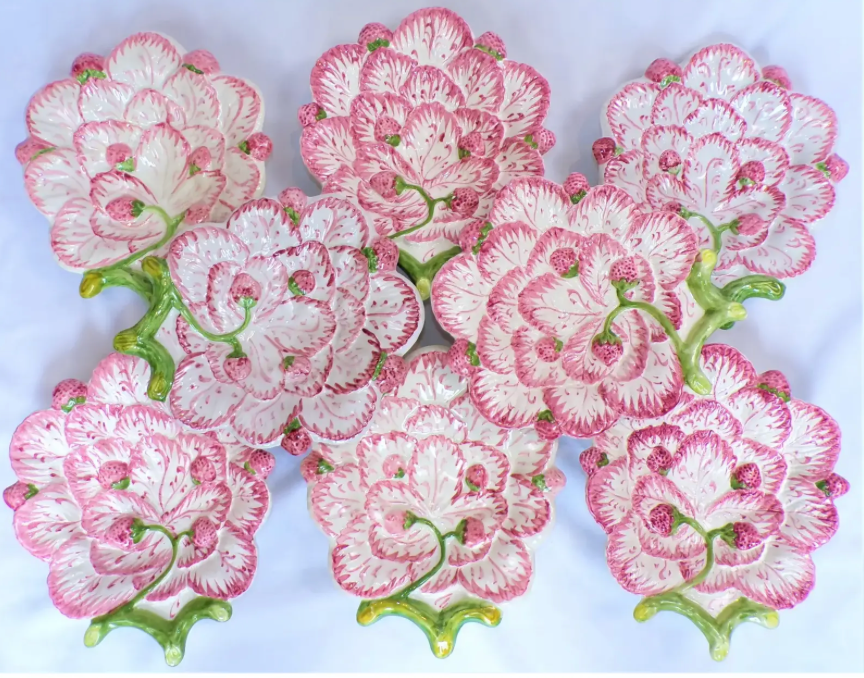 1980's Portuguese Faianças Pink Strawberry Majolica Plates - Set of 12