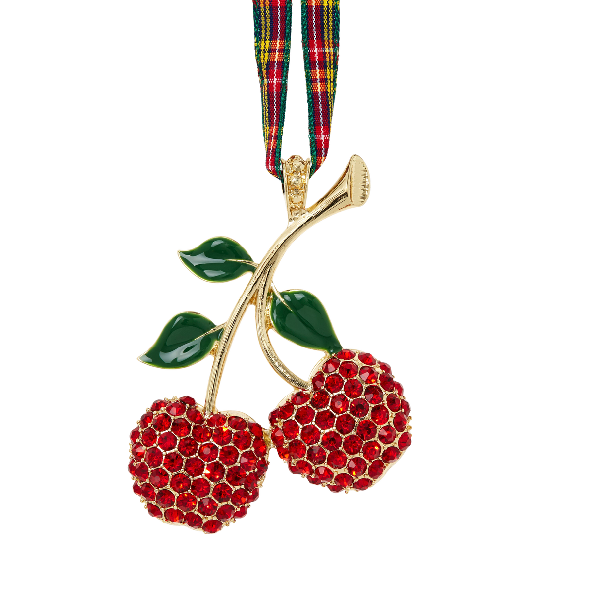 Close-up of Cherry Hanging Ornament showcasing red glass cherries, green leaves, and patterned velvet ribbon