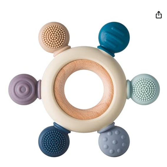 Arudyo Baby Teething Toys Silicone Teethers BPA Free Silicone Rudder with Wooden Ring Soothe Babies Gums (Gray)