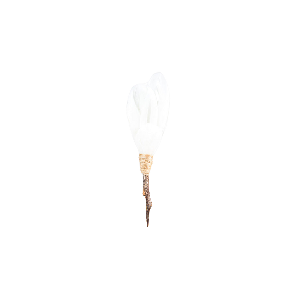 Front of Beckham white feather lapel pin showcasing bundled natural feathers and twine wrapped stem on black background
