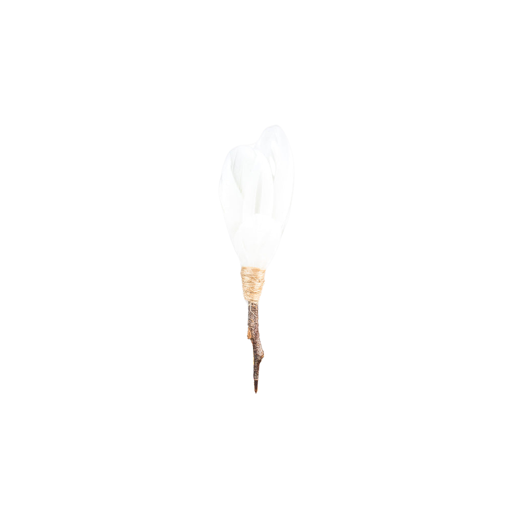 Front of Beckham white feather lapel pin showcasing bundled natural feathers and twine wrapped stem on black background