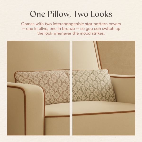 Front view of Sigi Pro Power Recliner in cream linen with toffee base showing two pillow covers and One Pillow Two Looks