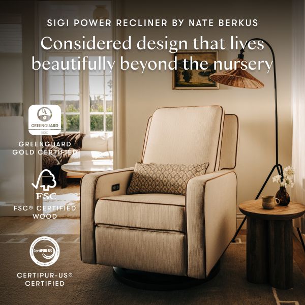 Sigi Electronic Recliner and Glider with USB Port by Nate Berkus in Performance Cream Linen with Toffee Base