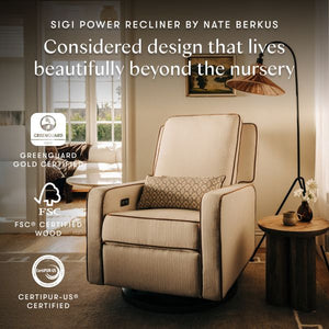 Sigi Electronic Recliner and Glider with USB Port by Nate Berkus in Performance Cream Linen with Toffee Base