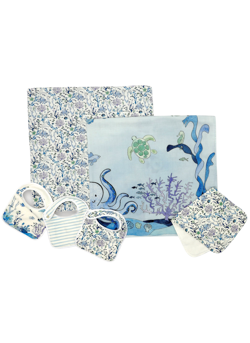 Under the Sea and Coral Reef baby set with two shawl blankets, three bibs, and a burp cloth featuring blue ocean illustrations