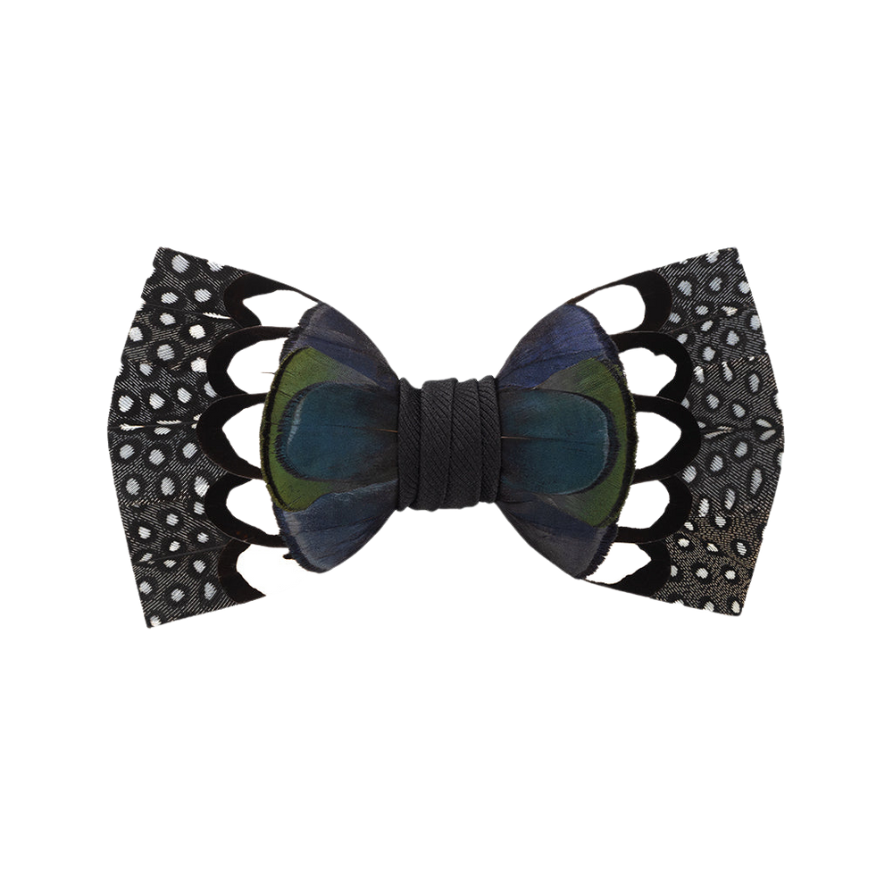 Front view of Edisto bow tie showcasing layered peacock center and dotted guinea fowl feather wings with black wrapped knot