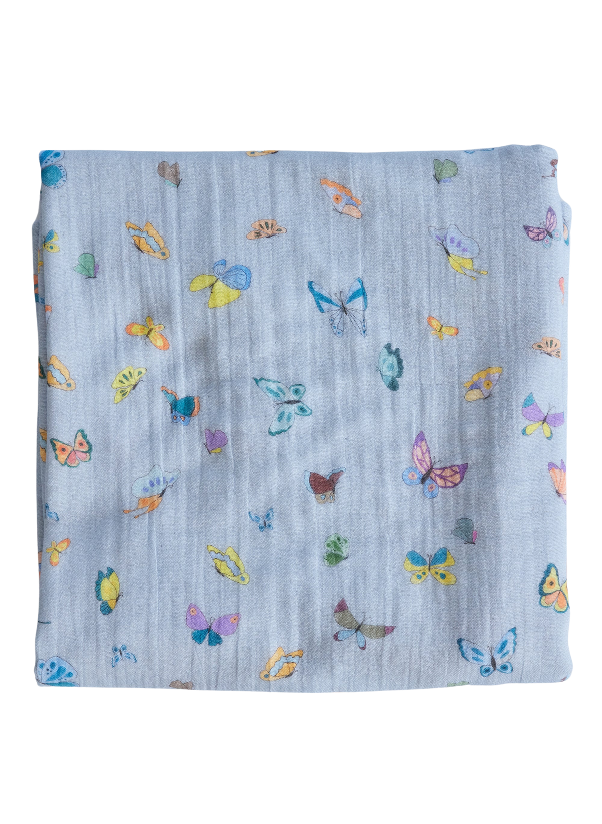 Front view of Blue Madame Butterfly Shawl Blanket showcasing its colorful butterfly pattern on a black background