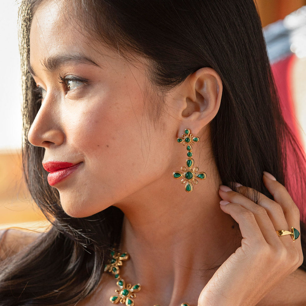 Monique Gem Double Drop Earrings in Malachite