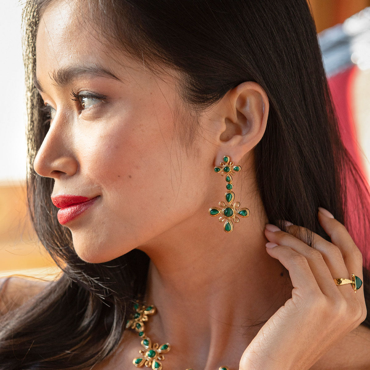 Monique Gem Double Drop Earrings in Malachite