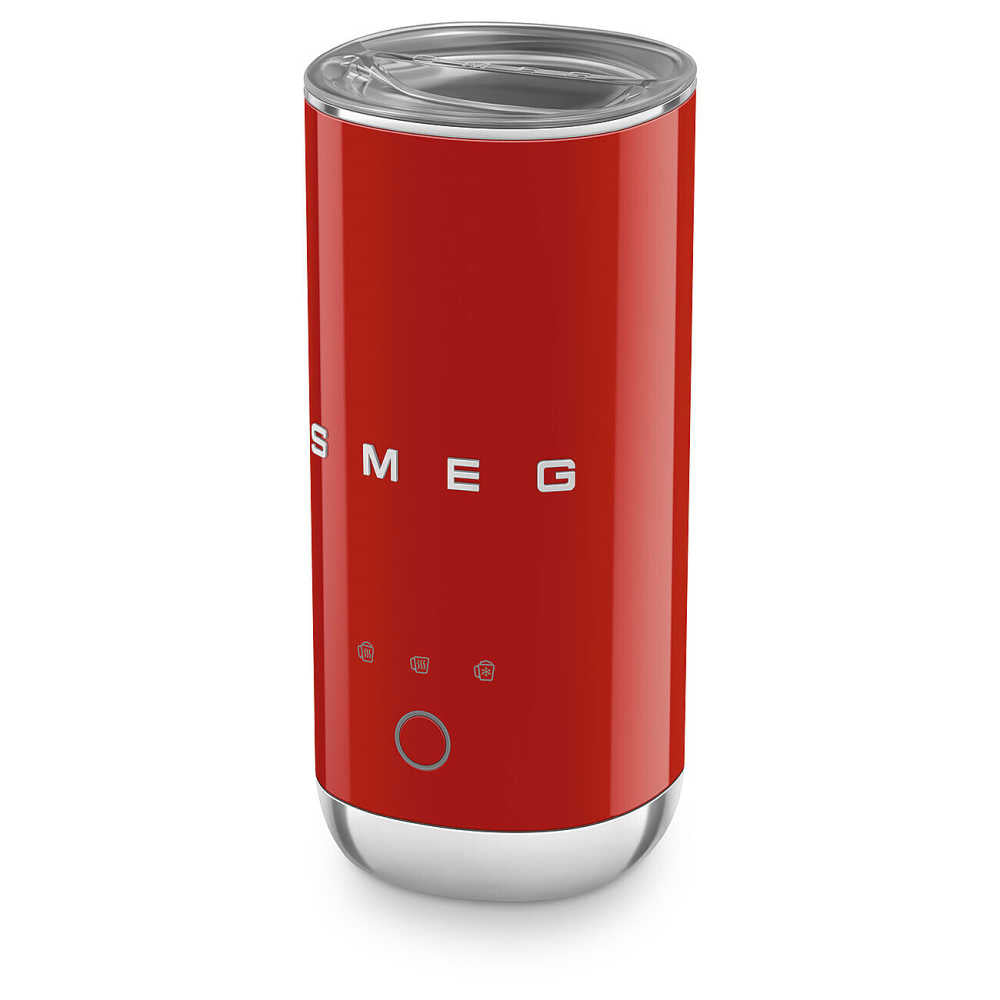 Angled view of SMEG Mini Milk Frother showing red finish, front controls, logo, and clear lid on white