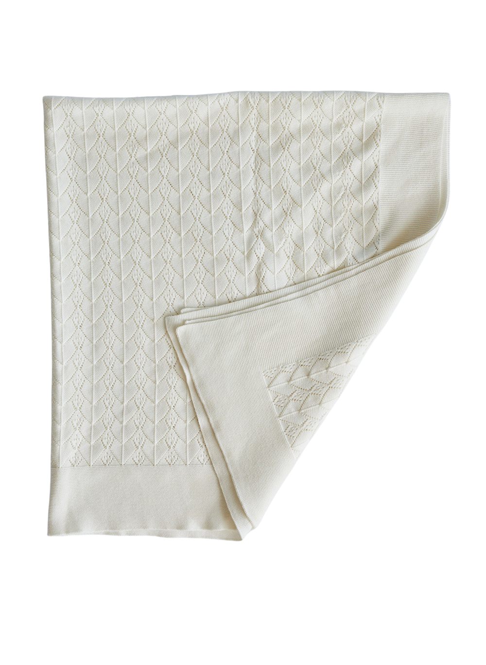 Folded Ivory Wander Lace Blanket showing tonal lace diamond pattern and ribbed border on black background
