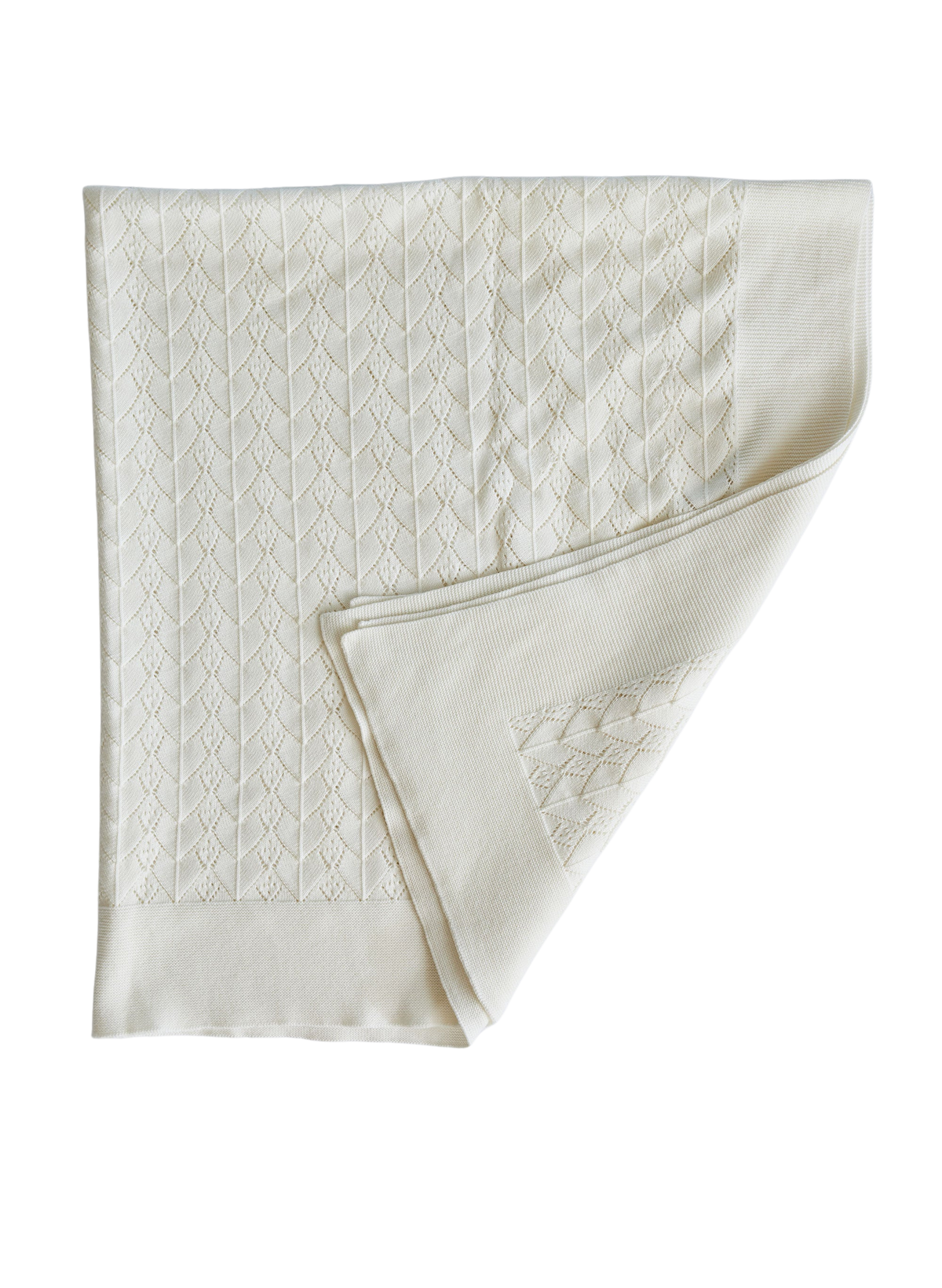 Folded Ivory Wander Lace Blanket showing tonal lace diamond pattern and ribbed border on black background