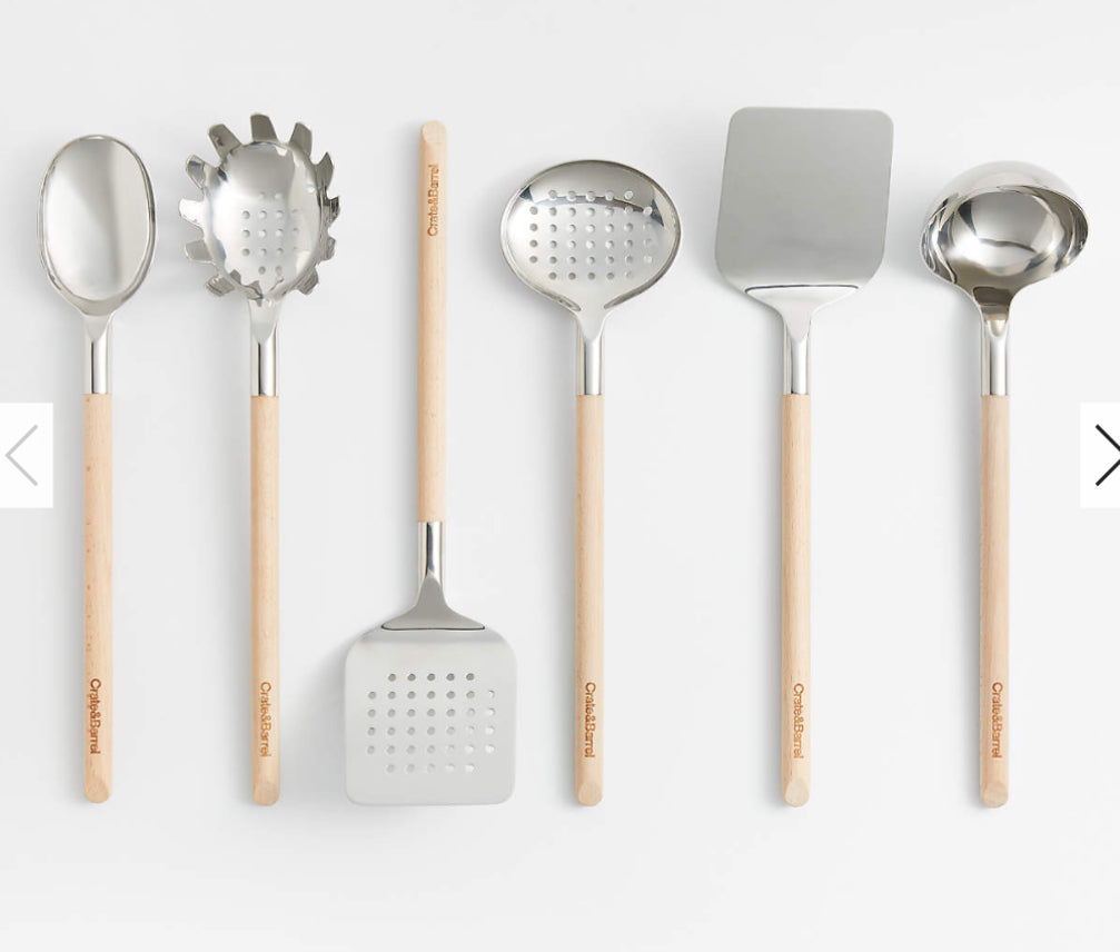 Beechwood and Stainless Steel Utensils, Set of 6