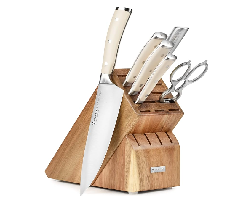 Classic Ikon Creme 7 Piece Knife Set with Acacia Wood Block