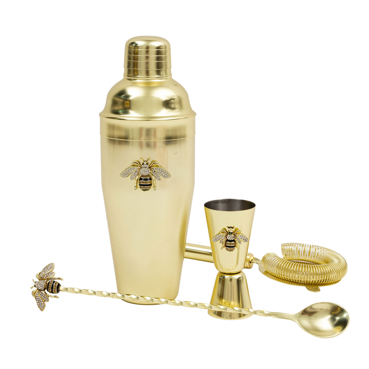 Front view of gold Stripey Bee cocktail shaker set with bee emblems, includes shaker, 50 ml jigger, strainer, and spoon