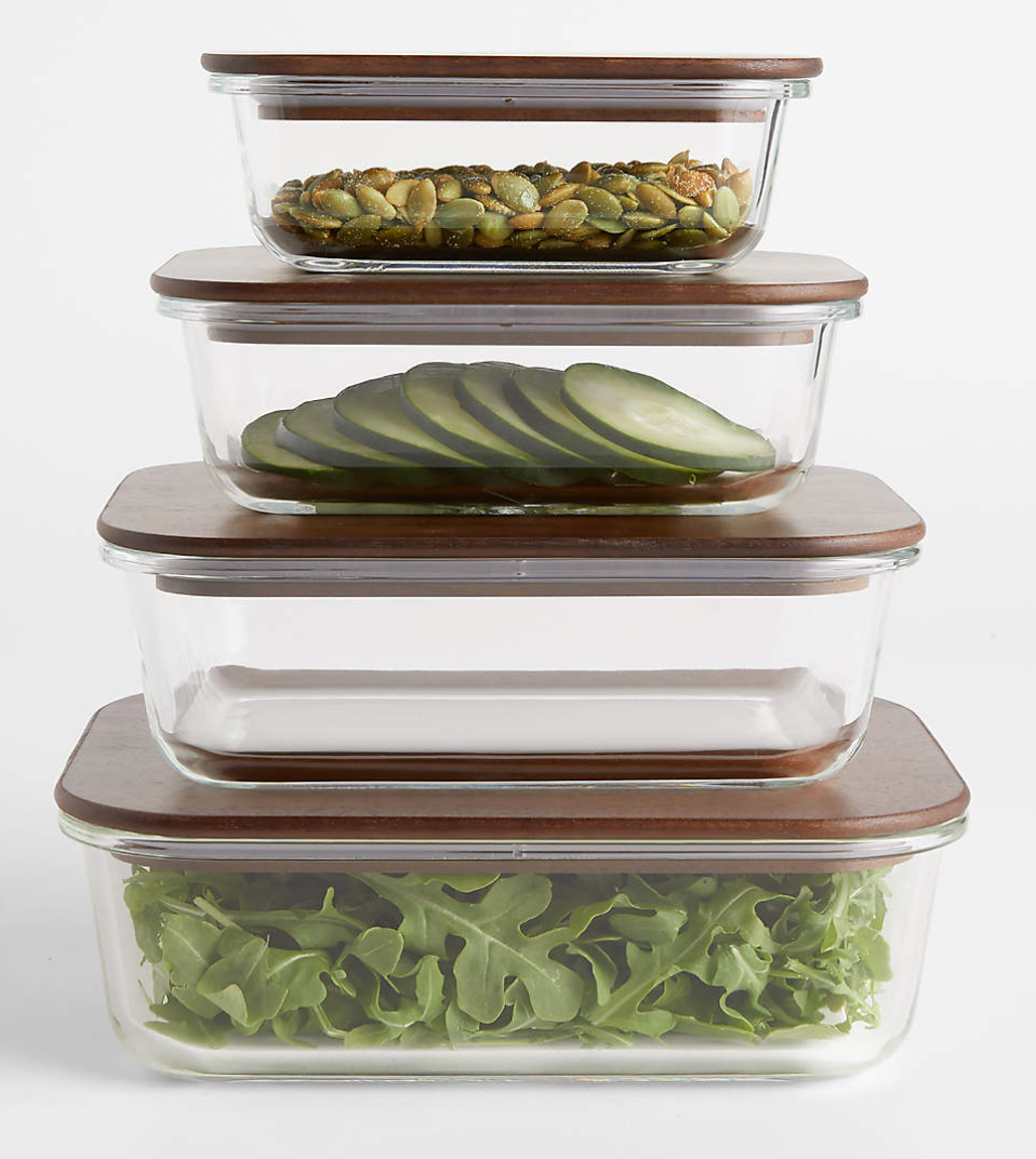 Crate & Barrel 8-Piece Rectangular Glass Storage Containers with Dark Wood Lids