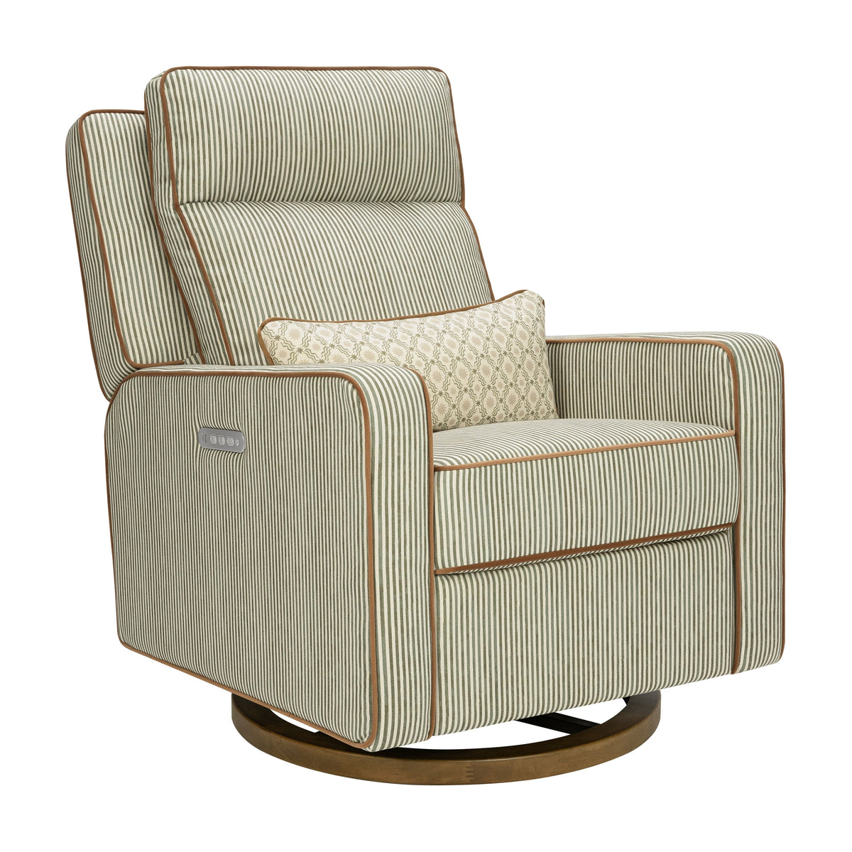Front three quarter view of Sigi Pro Power Recliner and Swivel Glider showcasing olive striped upholstery on a white background