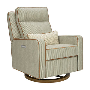 Front three quarter view of Sigi Pro Power Recliner and Swivel Glider showcasing olive striped upholstery on a white background