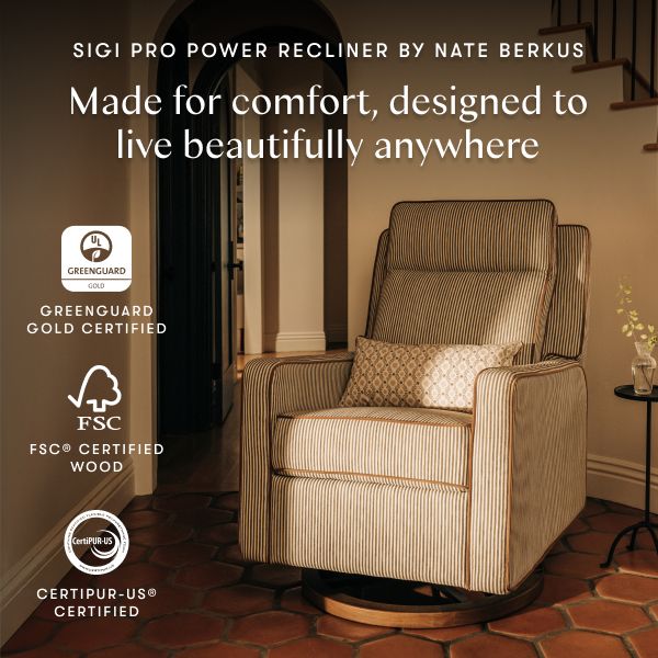 Front view of Sigi Pro Power Recliner by Nate Berkus in olive stripe upholstery, promoting comfort and beautiful design