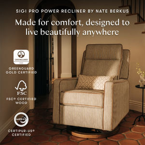 Front view of Sigi Pro Power Recliner by Nate Berkus in olive stripe upholstery, promoting comfort and beautiful design