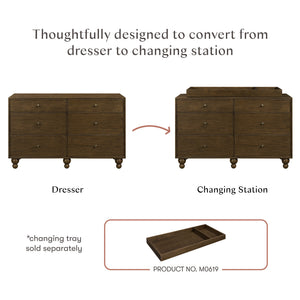 Infographic showing a dresser converting into a changing station with a separately sold changing tray