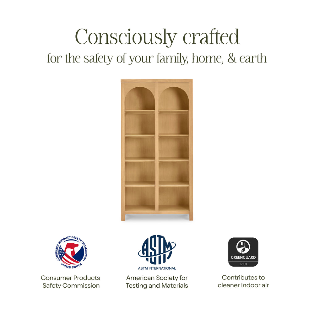 Banner showing Eloise bookcase in honey titled ‘Consciously crafted’ with CPSC, ASTM, and GREENGUARD Gold logos