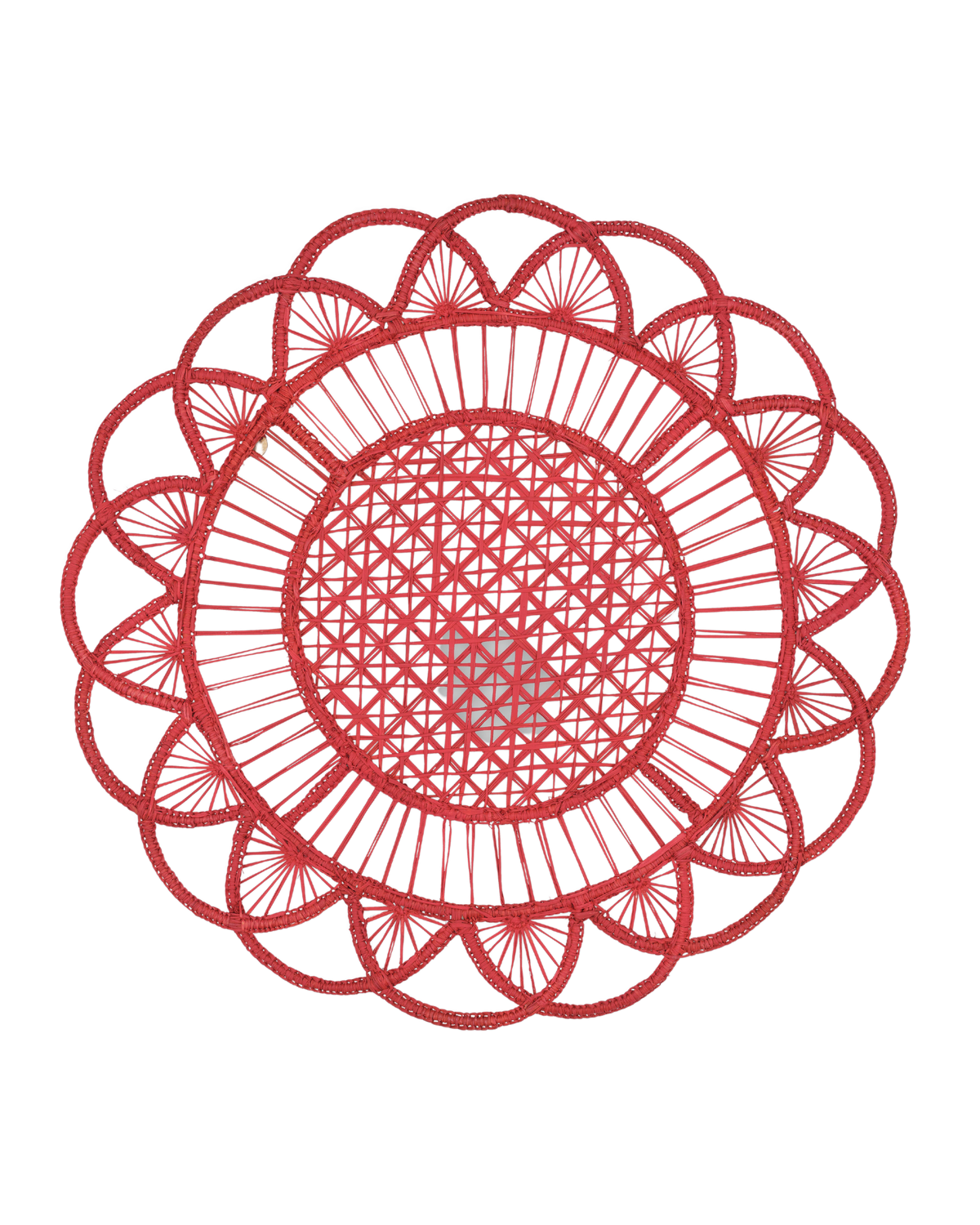 Top view of David Hicks Woven Placemat in Red showcasing geometric wicker weave on a black background