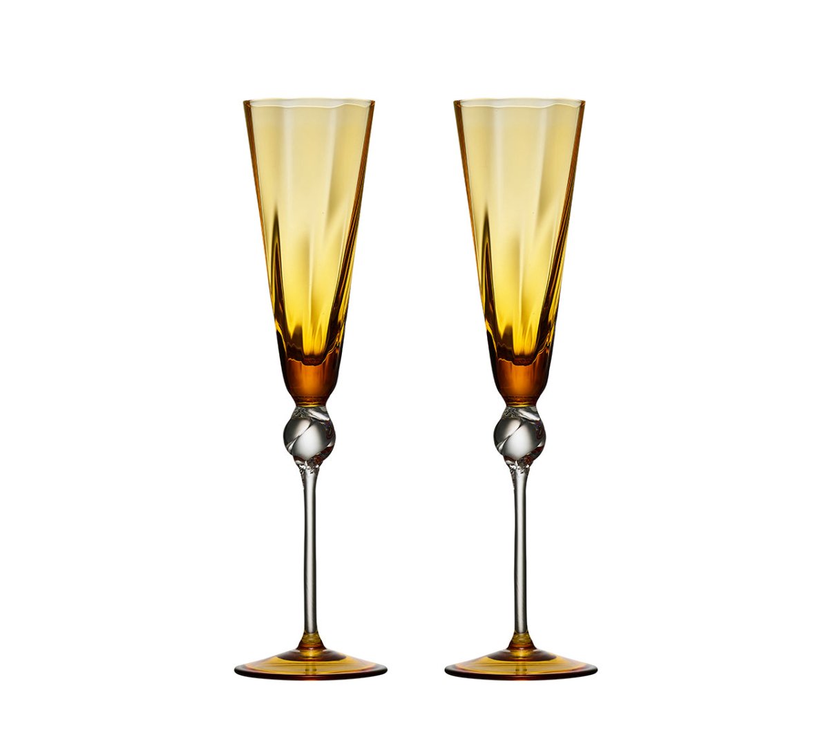 Front view of two Daphne flutes in amber showcasing clear twisted knot stems on white background