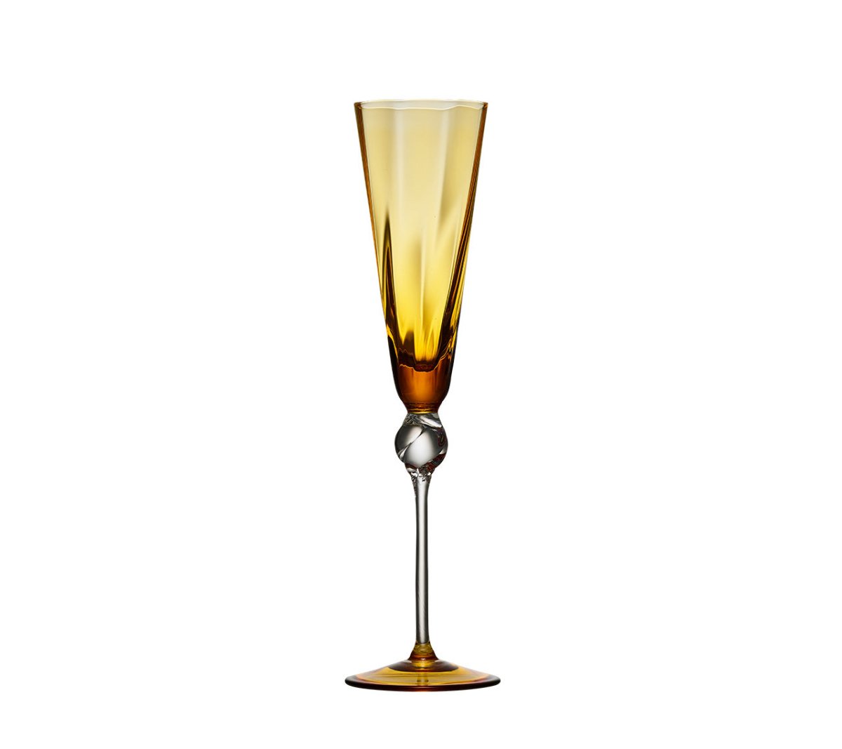 Front view of Daphne flute in amber showcasing a clear hand-twisted knot on the stem and a tall tapered bowl against a white background