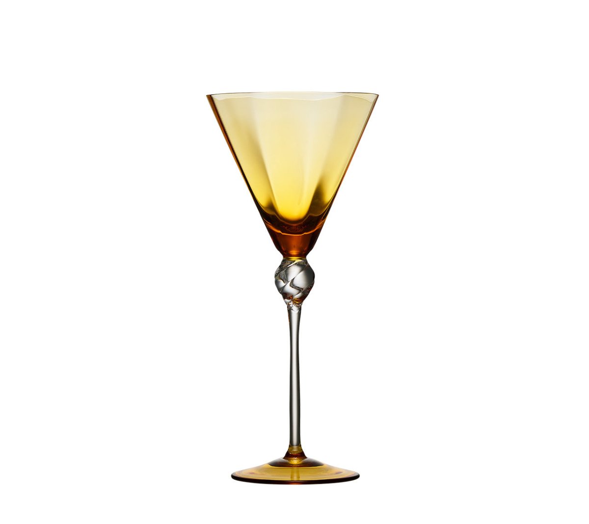 Front view of Daphne Wine Glass, Set of 4 showcasing amber glass and hand-wielded clear glass knot on white background
