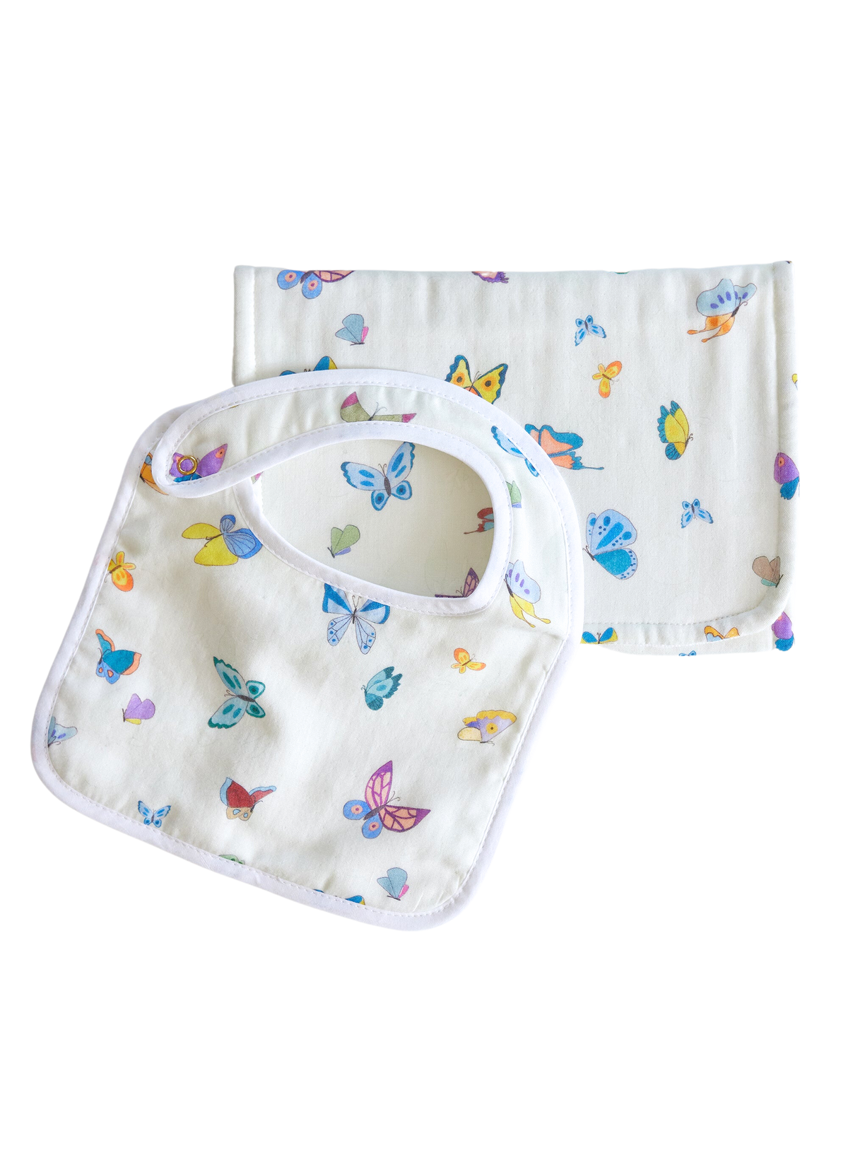 Front view of Madame Butterfly Bib and Burp Cloth Set showcasing butterfly print and white trim with black background