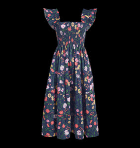 The Ellie Nap Dress in Navy Peony Bouquet Cotton Sateen