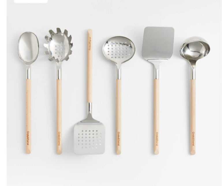 Crate & Barrel Beechwood and Stainless Steel Utensils, Set of 6