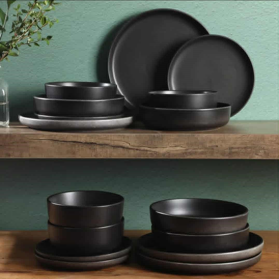 16 Piece Matte Black Stoneware Ceramic Dinnerware Set