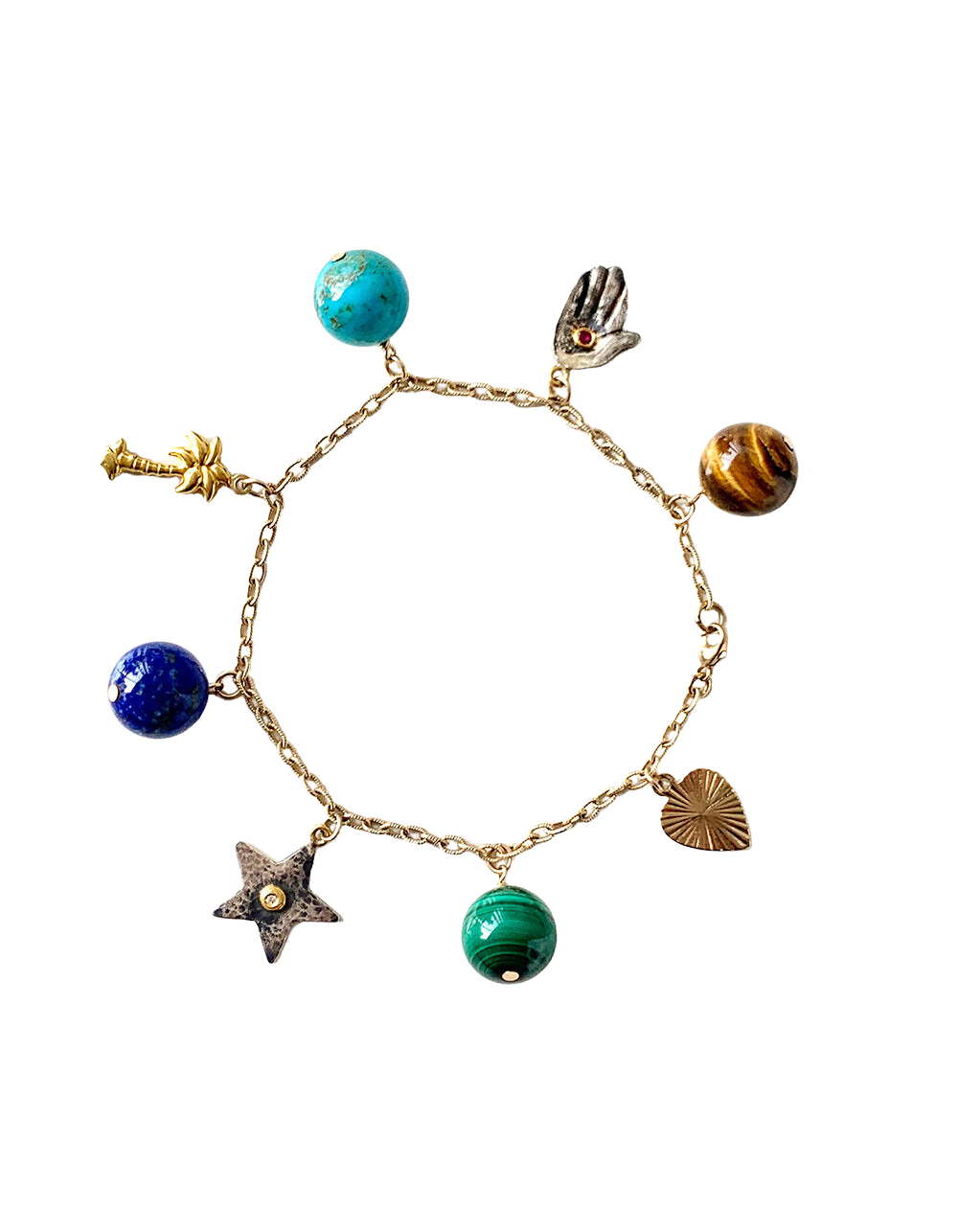 Top view of Les Charmantes charm bracelet showcasing a gold chain with multicolored gemstone beads and metal charms on a black background