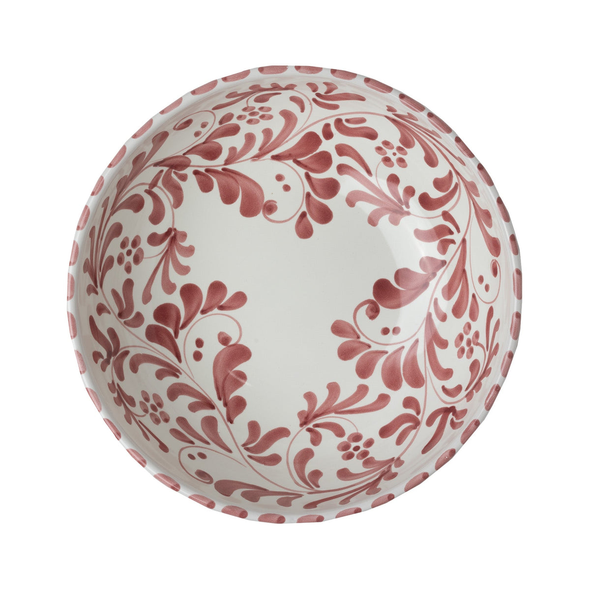 Top view of Deep Pasta Plate in Vinto Tinto showcasing pink leafy patterns on a white background