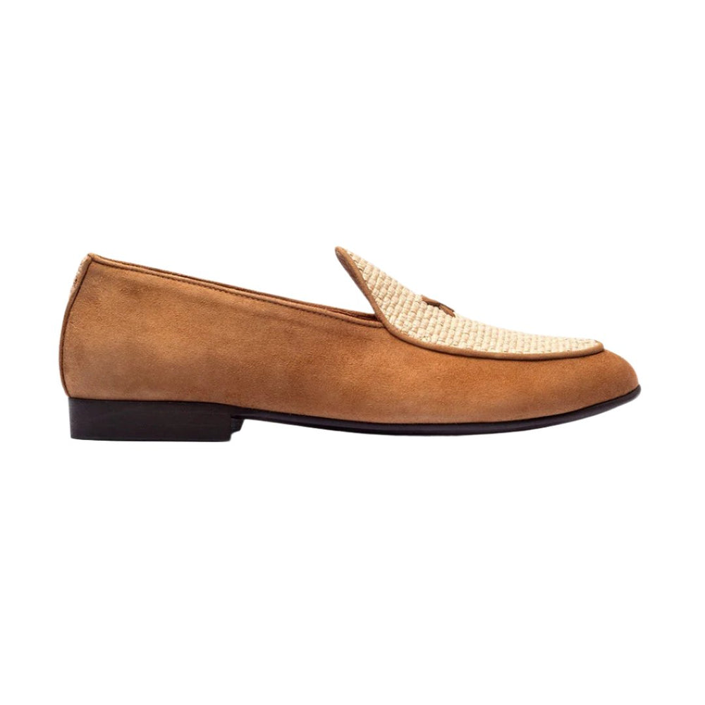 Side view of Women’s Cognac Raffia Milano Loafer showcasing its raffia vamp and suede upper on a white background