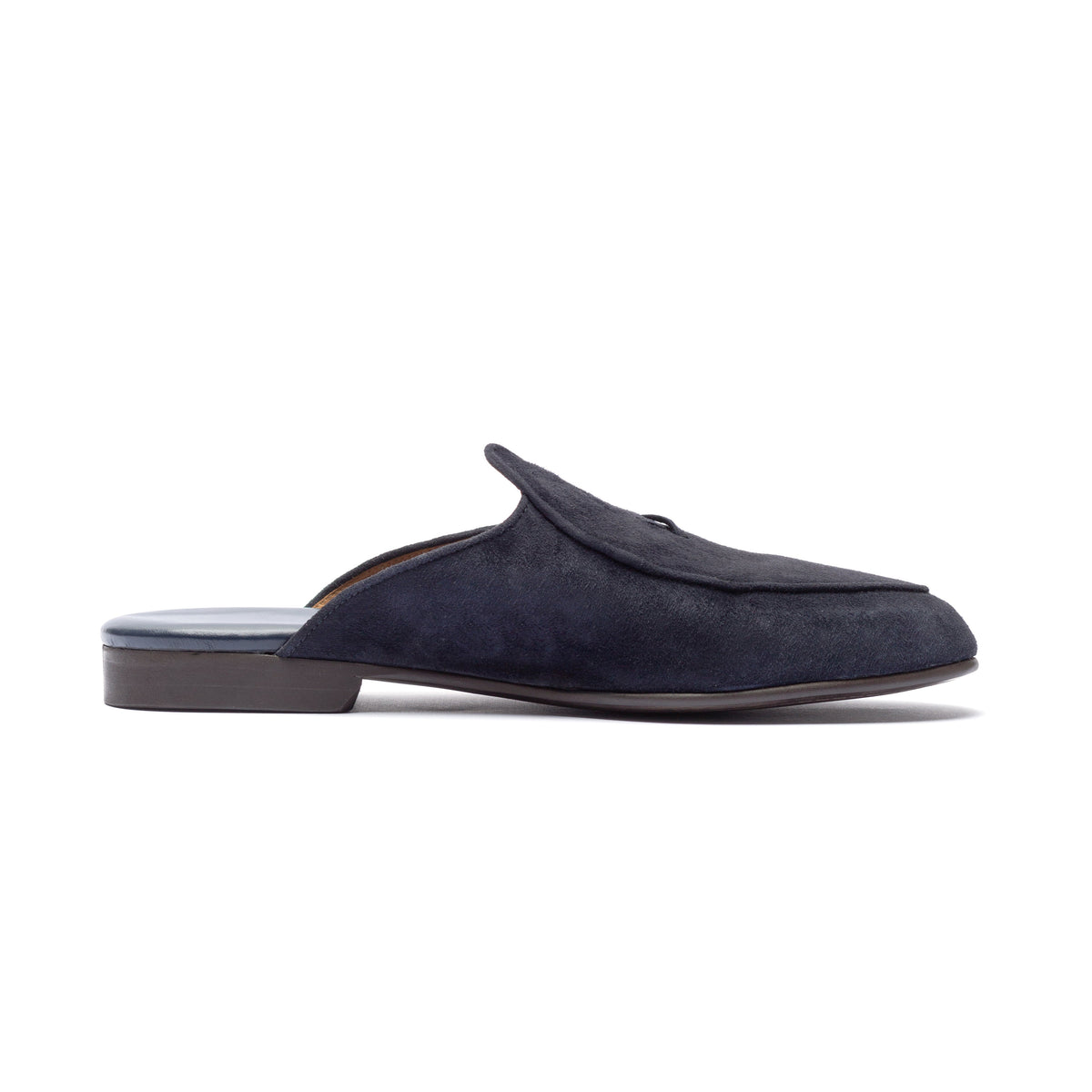 Side view of Navy Suede Milano Mule showcasing open heel and cushioned footbed with white background