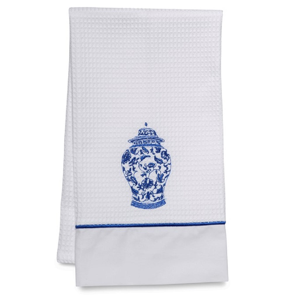Guest Towel in White Waffle Weave, Satin Stitch & Embroidered