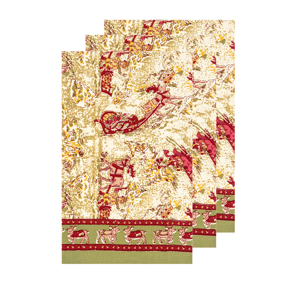 Renne Reindeer Tea Towels in Red & Green, Set of 3