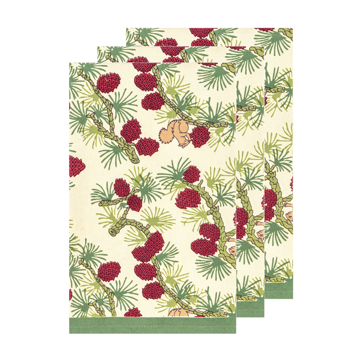 Squirrel and Pinecone Tea Towels in Red & Brown, Set of 3
