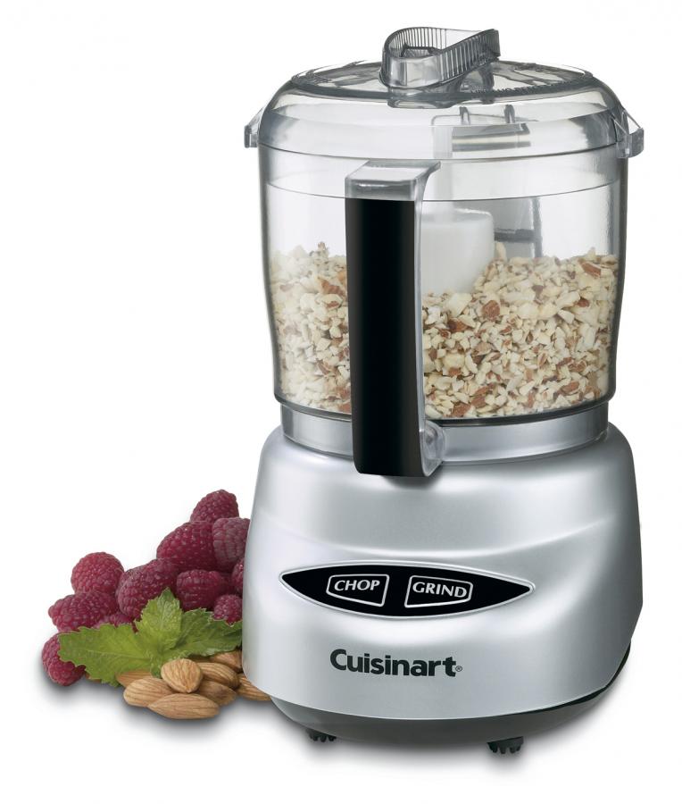 Front view of Mini Prep Plus Processor in Brushed Chrome showcasing its clear work bowl and Chop and Grind controls on a white background
