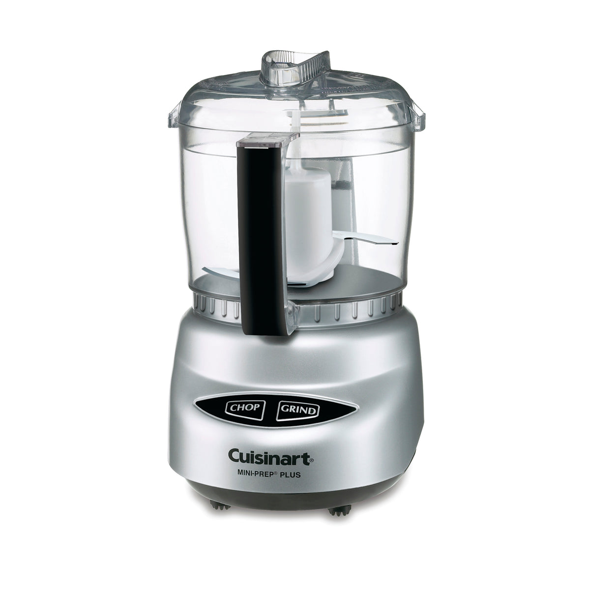 Front view of Mini Prep Plus Processor in brushed chrome showing its clear bowl, blade, and Chop and Grind controls