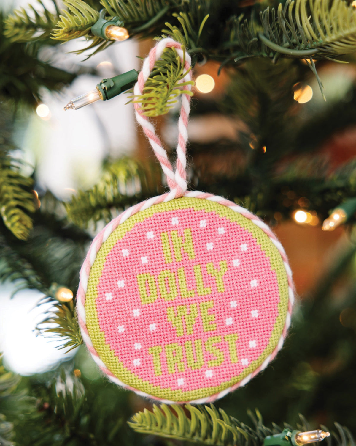 In Dolly We Trust Needlepoint Ornament - on the Christmas tree